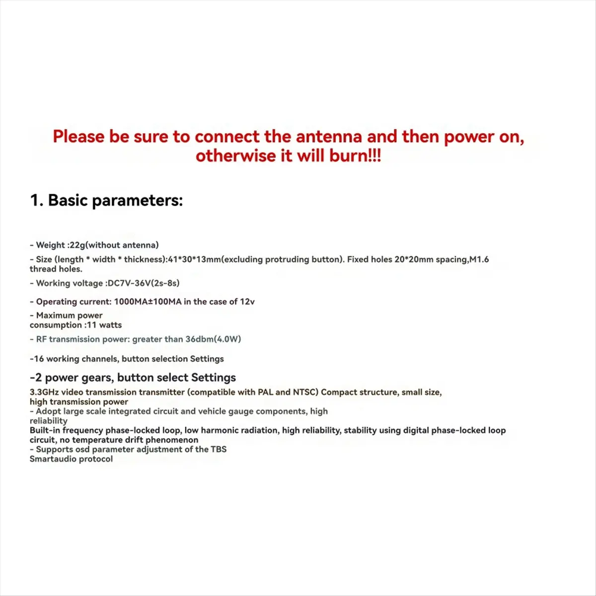 3.3G 4W VTX 16CH FPV Audio Video Transmitter PAL/NTSC Support OSD Parameter Adjustment for FPV Long Range RC Drone