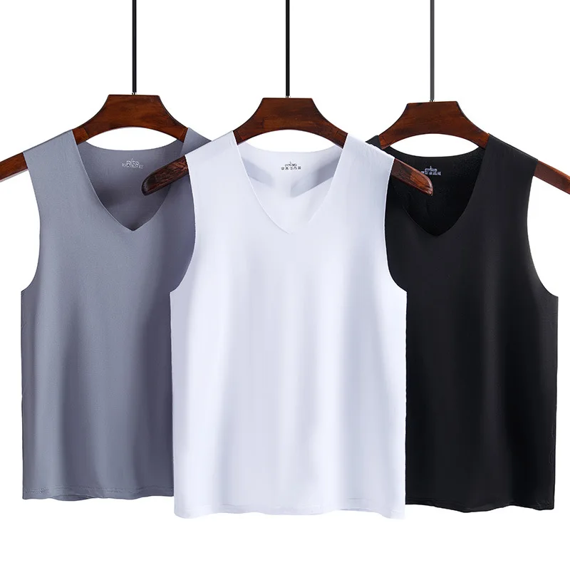 Summer Men's Non-Marking Ice Silk Undershirt Men Slim Sports Fitness Cross Body Bottom Sleeveless Breathable Comfortable T-Shirt