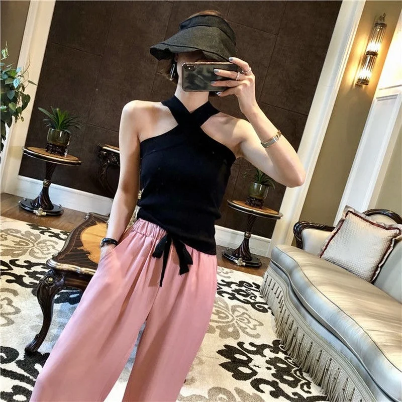 Camis Women Ulzzang Sexy Criss-cross Halter Off Shoulder Tops Jogger Retro Trendy Slim Summer Streetwear Punk Girls Y2K Hot Sale