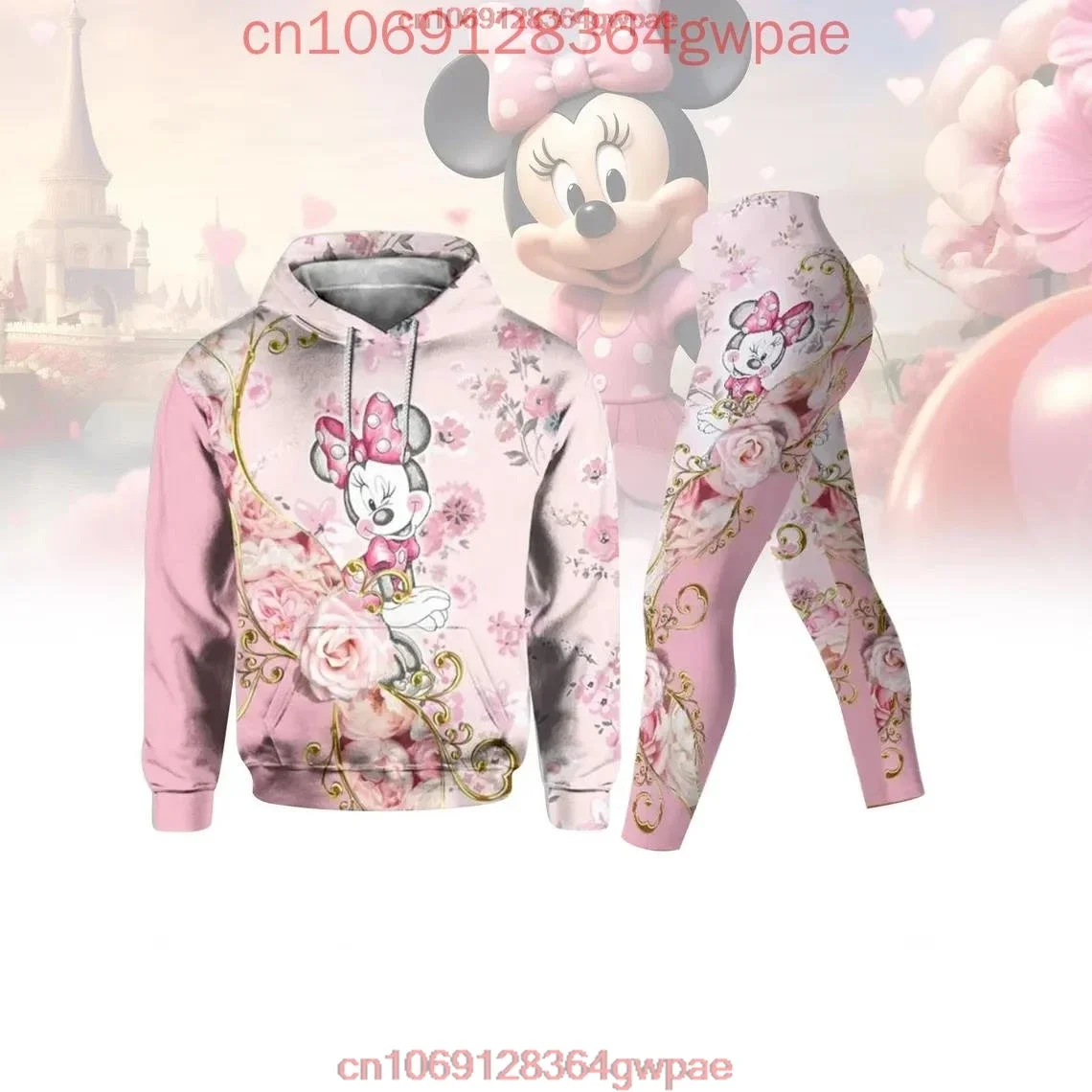 Cute Minnie Mouse 3D Hoodie and Leggings Set For Women's Disney Mickey Yoga Pants Sweatpants Fashion Casual Leggings Track Suit