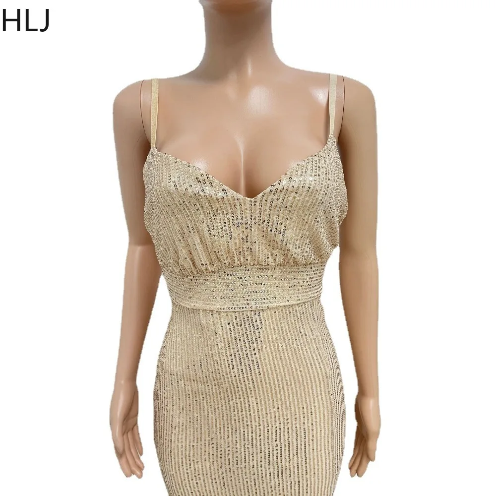 HLJ Fashion Sequin Deep V Backless Bodycon Evening Party Suspenders Dress Women Thin Strap Slim High Slit Vestidos Sexy Clothing