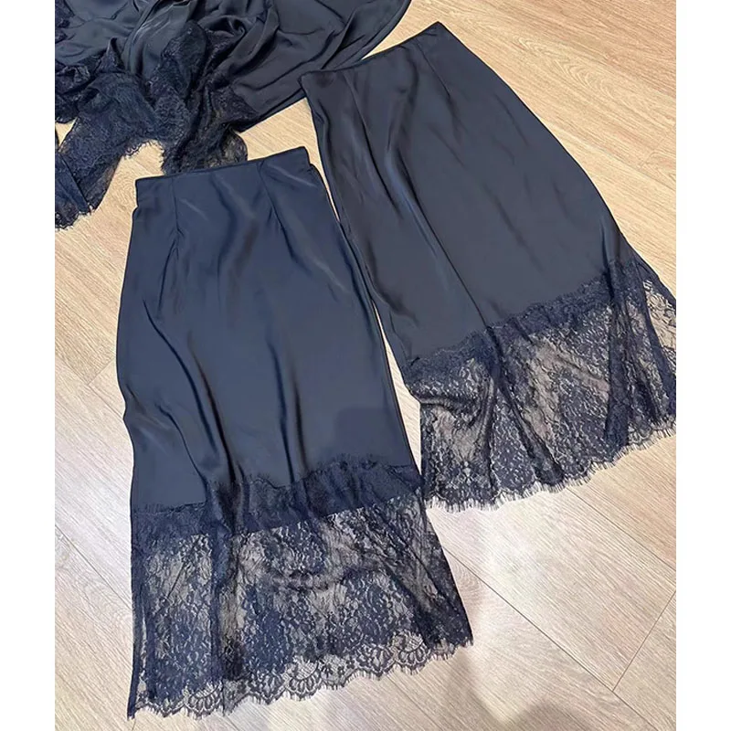 

Slimming High Waist A-Line Midi Skirt with Lace And Elastic Waist Patchwork Pure Color Design Early Autumn New Sle by Nu