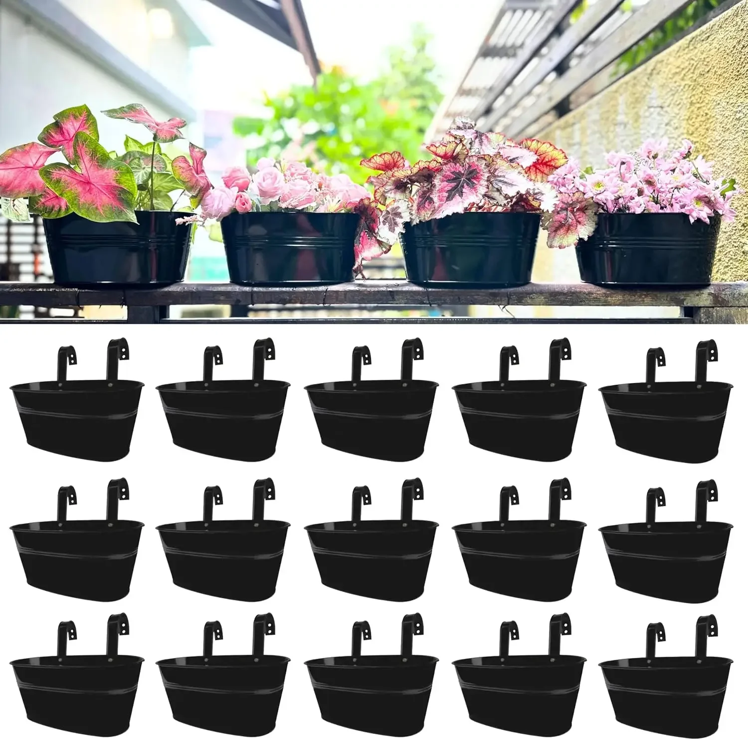

Outdoor Plants Rail Planter (11.2 Inch, 15 Pack) Black Metal Iron Hanging Flower Pots Deck Railings Fence Buckets Modern