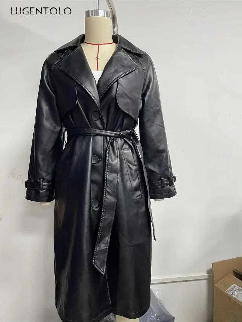 Abrigo de PU elegante a prueba de viento para mujer, cortavientos largo cálido de piel sintética suave, chaqueta ajustada con cinturón de un solo pecho Vintage