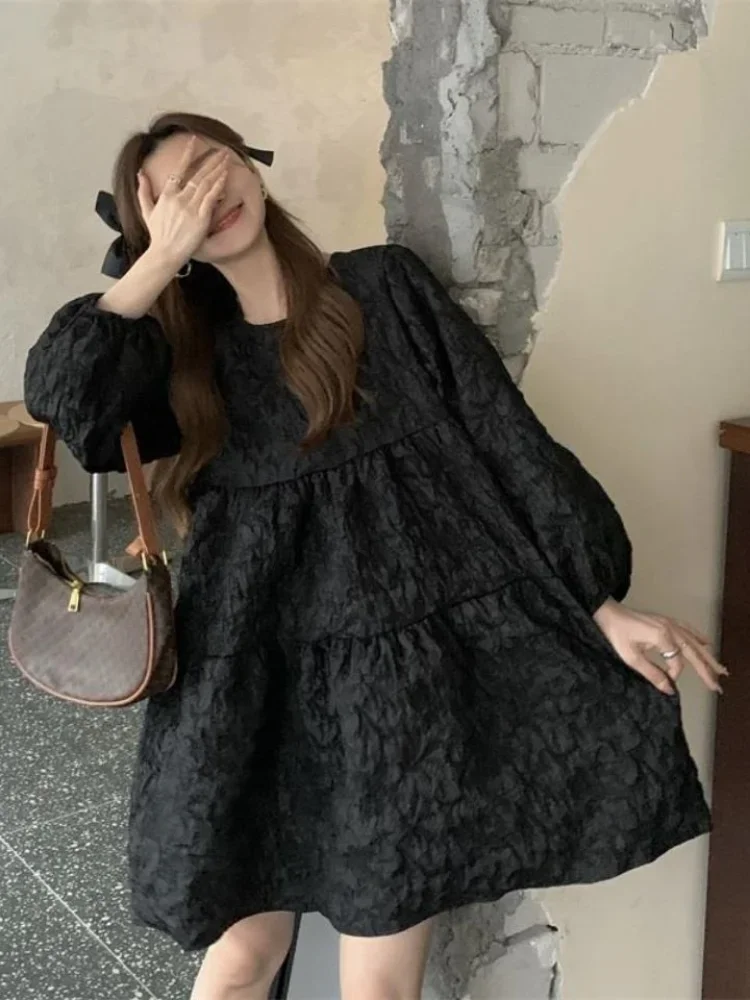 QWEEK Gothic Harajuku Oversized Black Dress Women Goth School Student Long Sleeve Short Dresses 2024 Autumn Korean Fashion Kpop