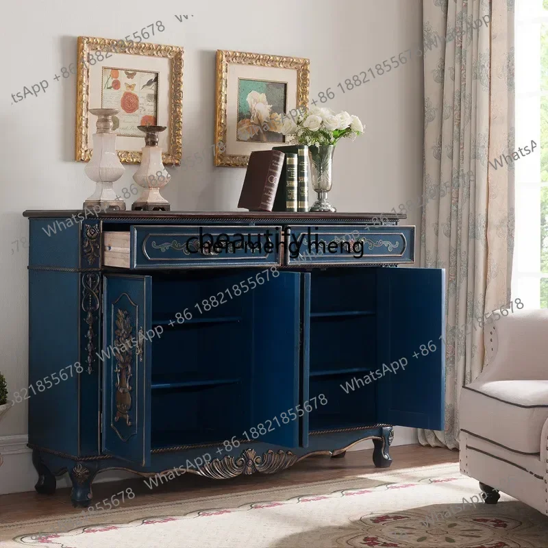 Blue European and American Style Solid Wood Shoe Cabinet with Four Doors, Carved Vintage Gold-Trimmed Entryway Storage CabinetE5