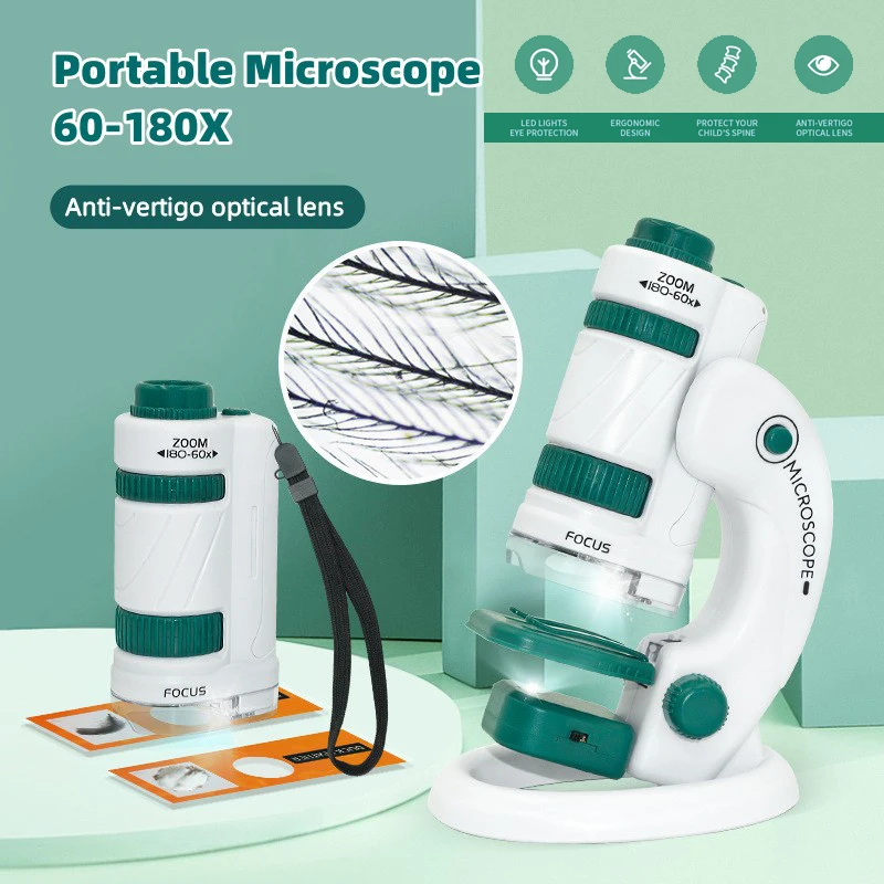 60-180X HD Children\'s Microscopio with LED Light Portable Biological Microscope Kit Science Educational Toy Gift for Kids Child