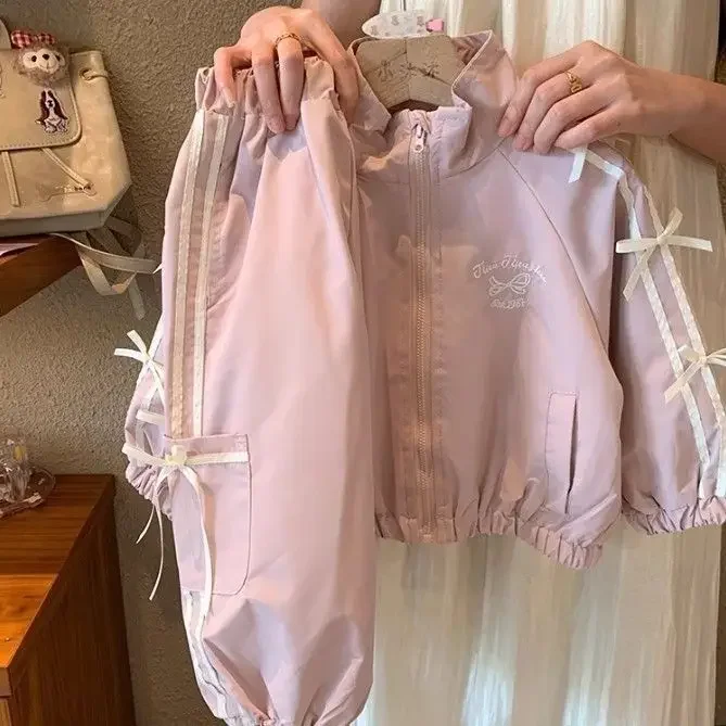 

Korean-Style Girls' 2-Piece Set - Bow Detail Jacket + Casual Pants | Spring Toddler Outfit Toddler Girl Clothes Baby Outfit Set