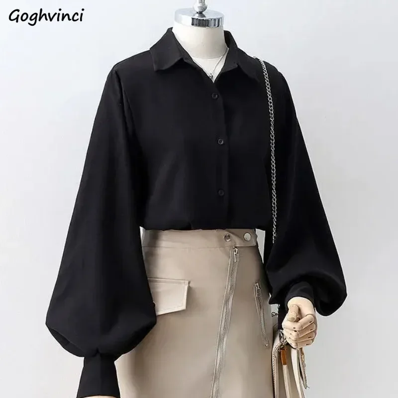 

Рубашки с рукавами-фонариками для женщин, универсальные однотонные рубашки с отложным воротником, свободные модные однобортные рубашки в корейском стиле для молодых женщин, весна