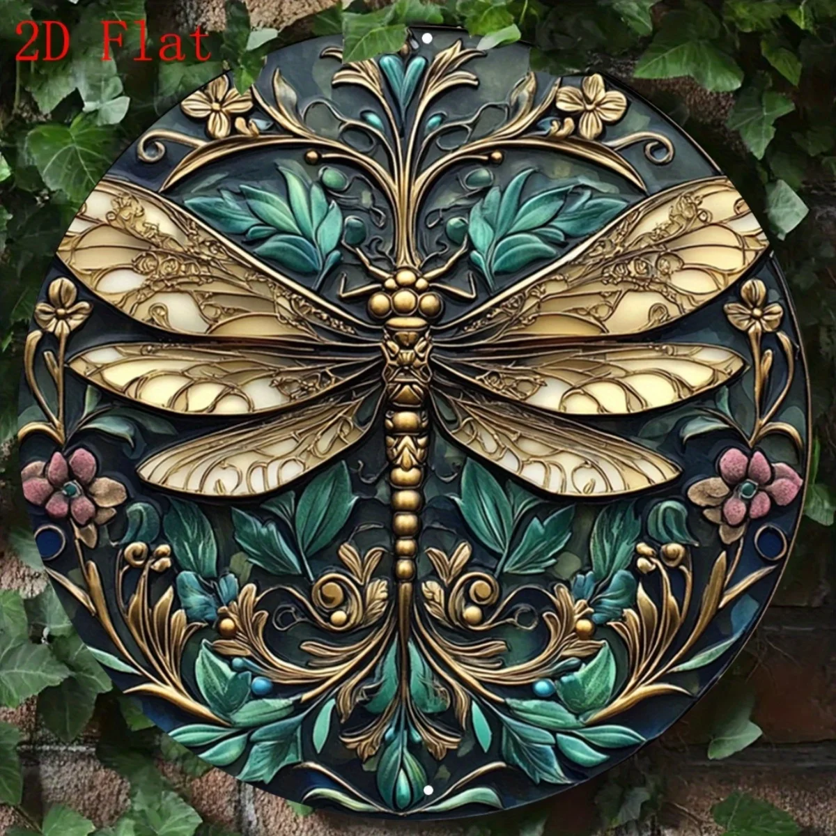 2D Flat - 1 Dragon Fly Glass Round Metal Logo - Rustic Wall Decoration, Exquisite Dragon Fly and Floral Design, Golden and Green