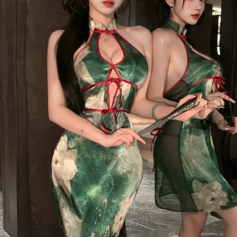 

Classics Chinese Qipao Skirt Sexy Lingerie Halter Hollow Out Dress See-through Backless Tradition Retro Improve Cheongsam Green