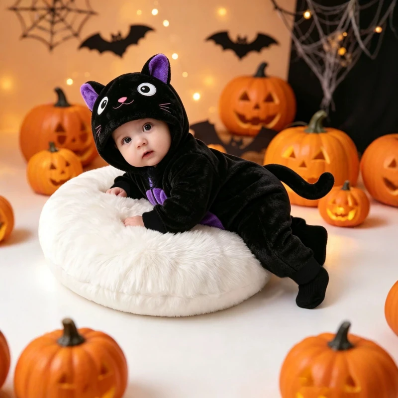 Black Cat Halloween Costume Baby Hooded Fleece Jumpsuit Purple Ears Pumpkin Photo Prop Newborn Infant Toddler Romper Outfit