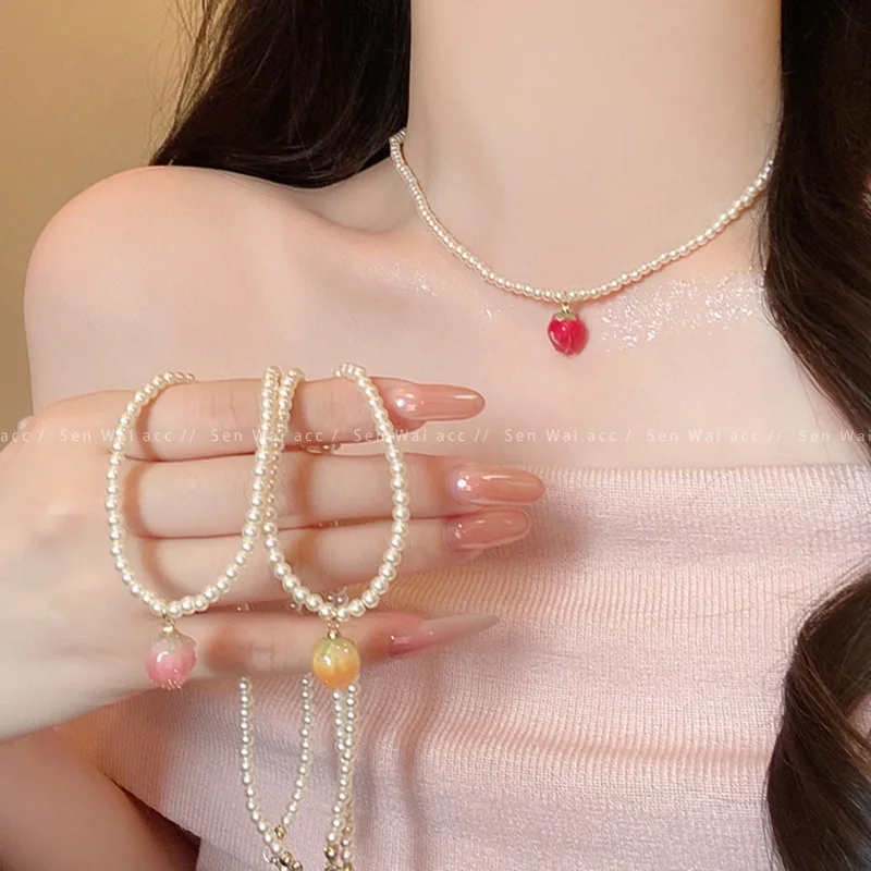 Necklace Faux Pearl Strawberry Charm Colorful French Gentle Versatile for Ladies Daily Outfit Gift Premium Handmade