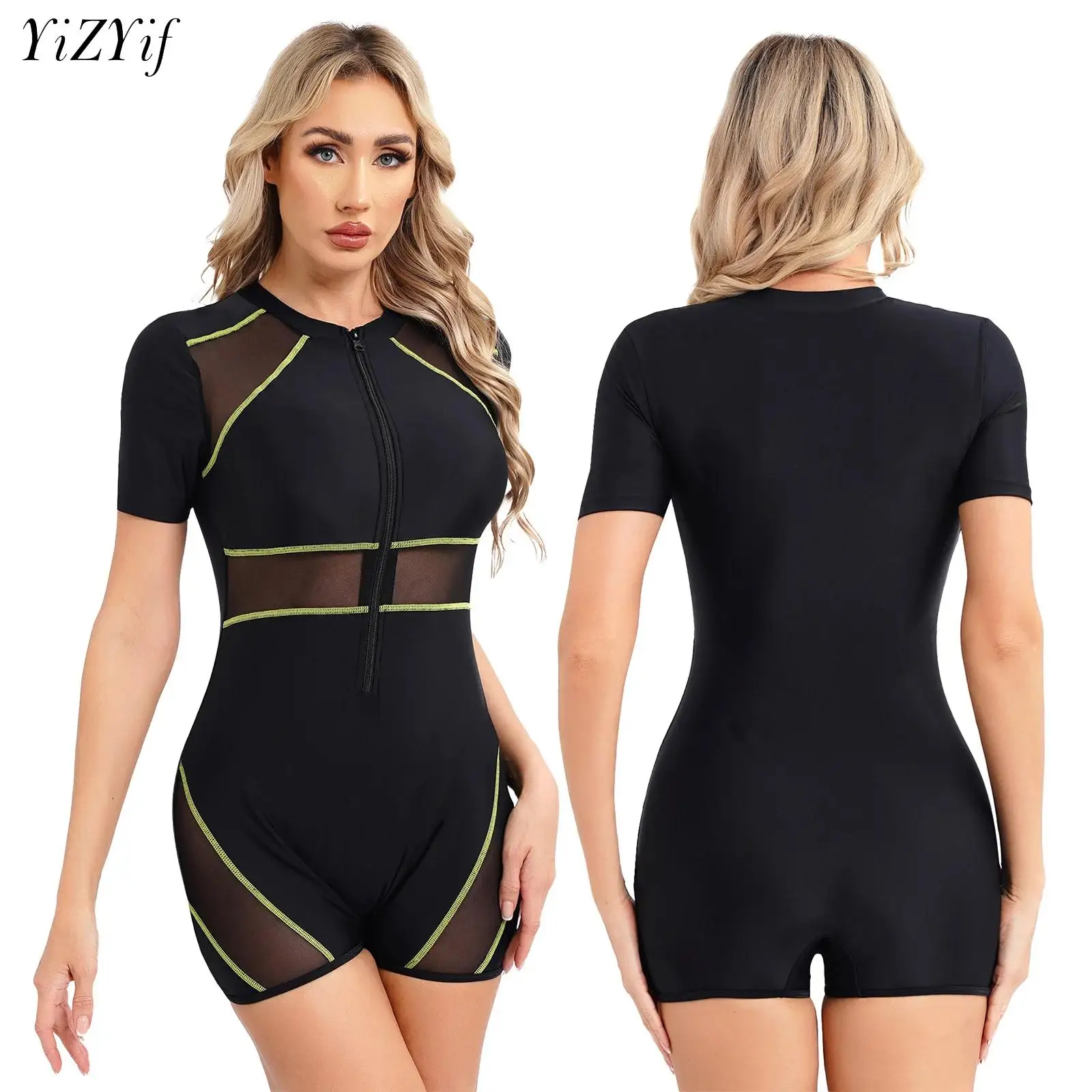 Women UPF 50 One-piece Athletic Swimsuit Short Sleeve Zipper Jumpsuit Swimwear Rash Guard Beach Pool Surfing Bathing Wetsuit