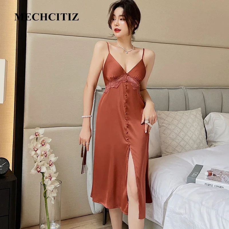 

MECHCITIZ Luxury Sexy Silk Nightgowns Lace Satin Nightdress New Summer Women Home Strap Sleepwear Lingerie Long Sleeping Dress