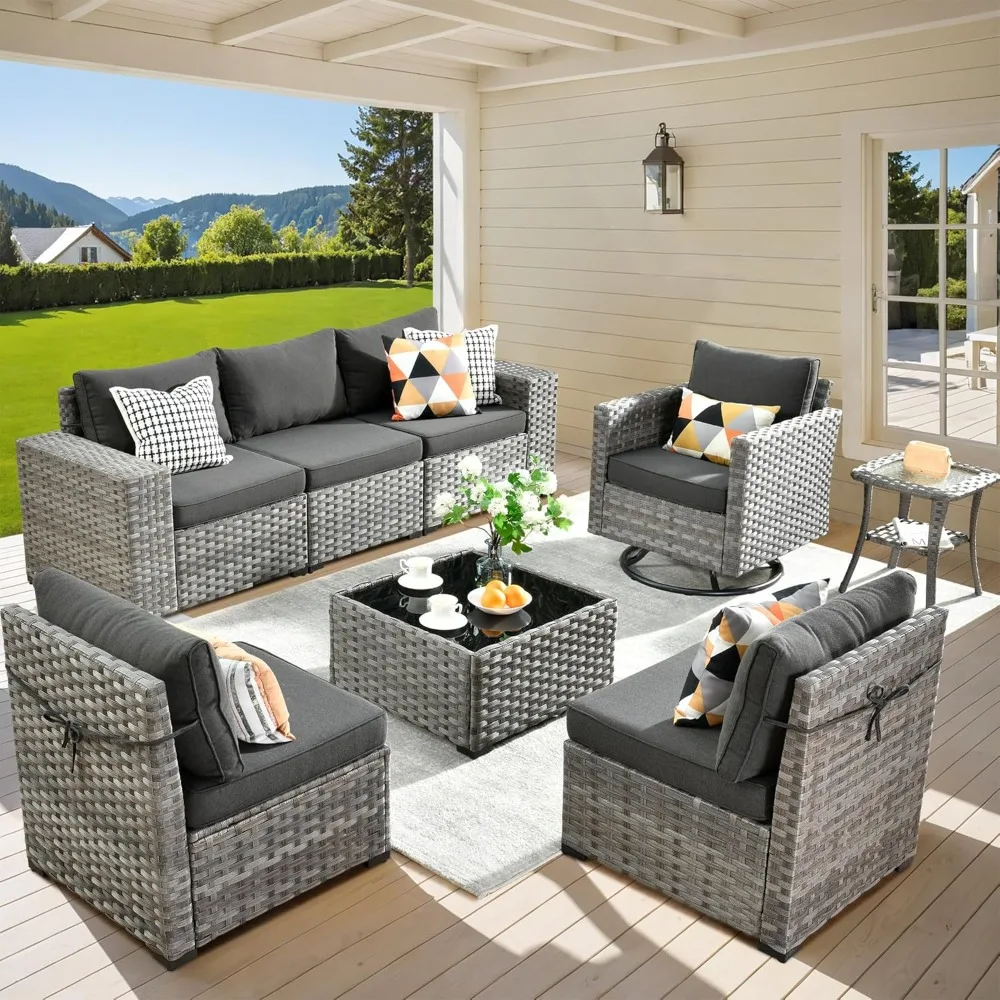 

Patio Furniture Set, Sofa with Swivel Rocking Chairs, Wide Arms and Deep Seat, 8 Pieces Wicker Rattan Outdoor Sectional Sofa