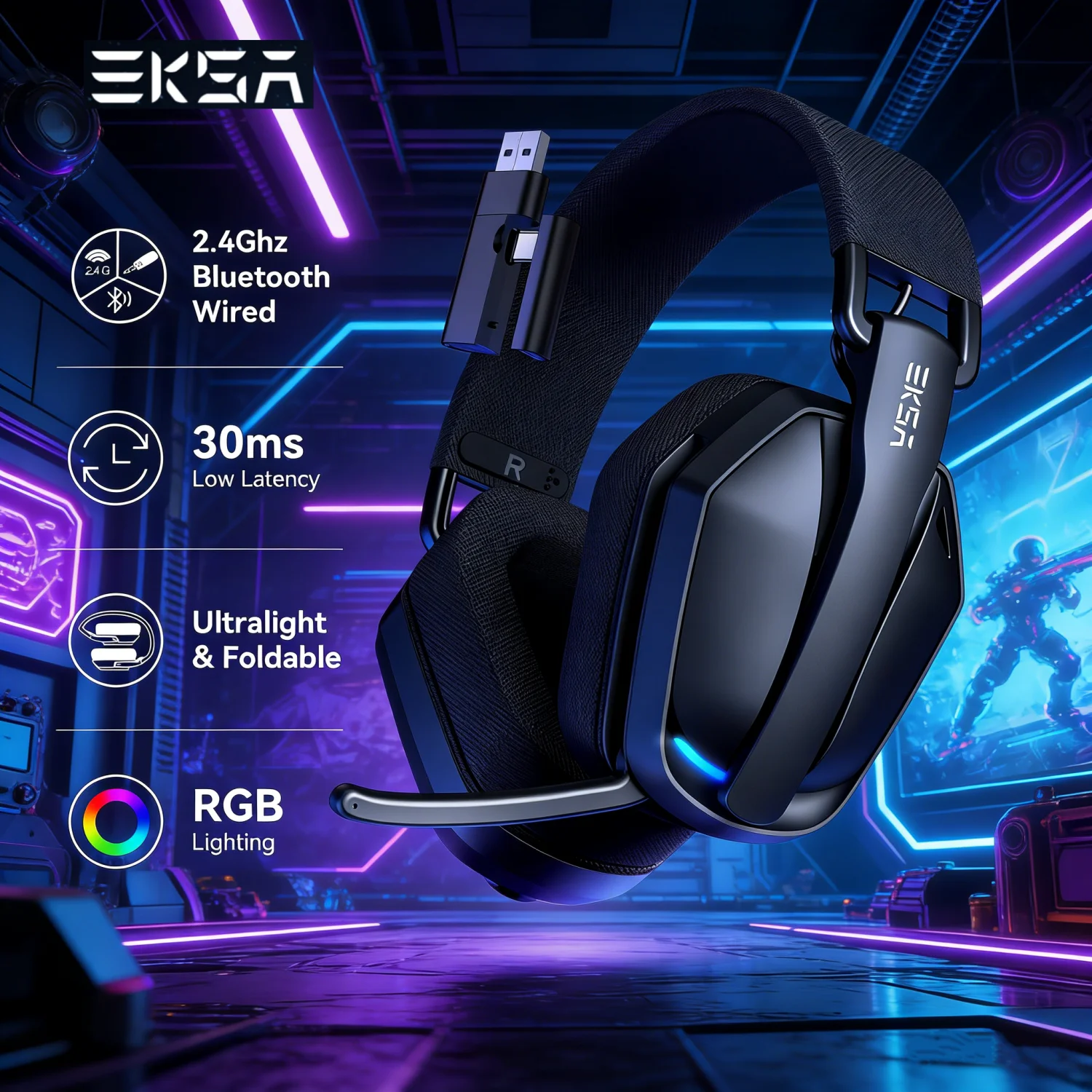 

EKSA G19BT 2.4G Wireless Gaming Headset With Mic USB/type C Transmitter Over-Ear RGB Headphones for PS5/PS4/PC /phone