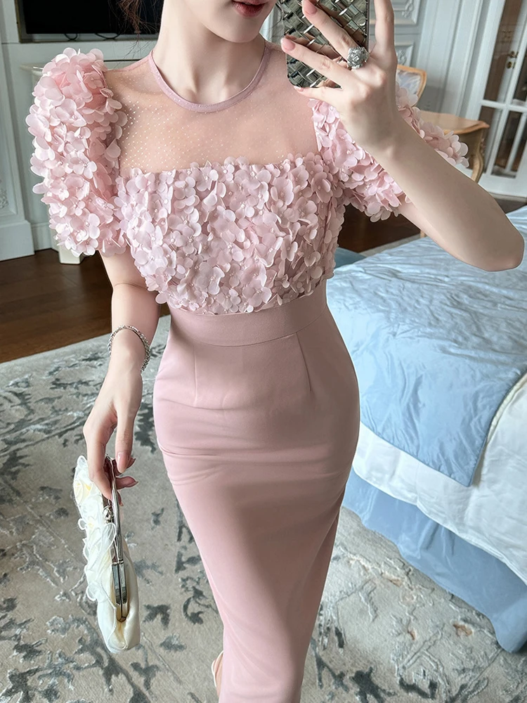 Vestido formal francês elegante para mulheres, lindo, flores rosa, malha transparente, midi, festa de aniversário, festival de música