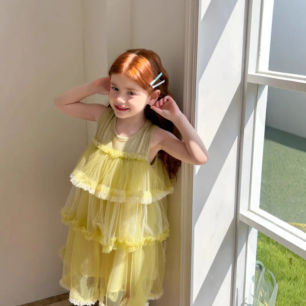 

2025 Summer New Girls Dress Baby Girls Mesh Splicing Tank Top Dress Fashion Children Princess Dress