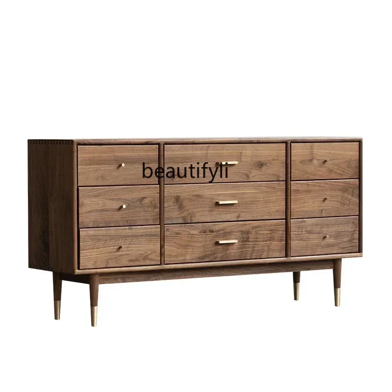 

Nordic Solid Wood Copper Feet Nine-Drawer Cabinet Black Walnut Bedroom Storage Cabinet Living Room