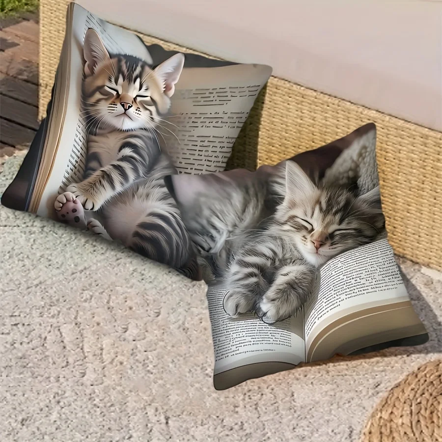 Contemporary Dozing Kitten Square Pillow Cover Cute Cat Sleeping on Open Book Pillowcase Decorative Cushion Case Home Decor