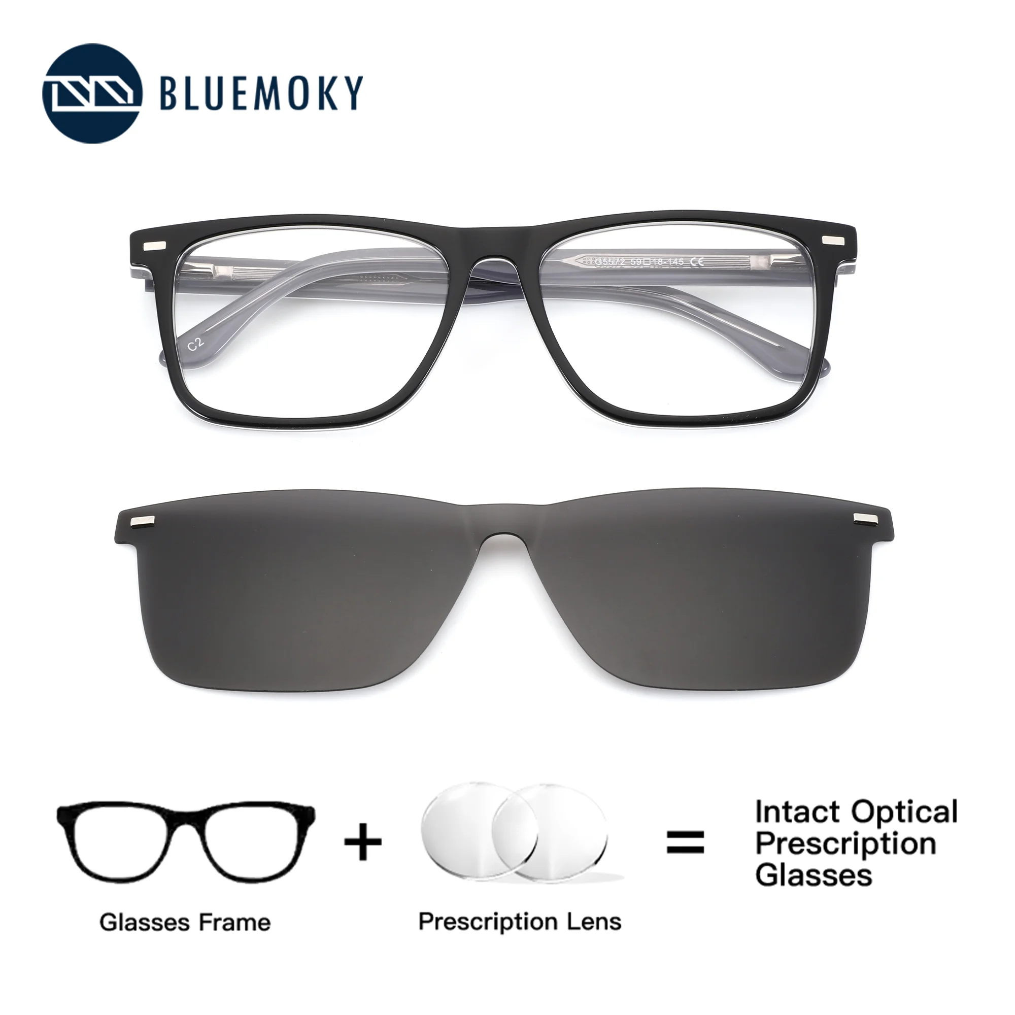 

BLUEMOKY (XXL Size) Square Acetate Clip on Lenses with Medical Prescription Polarized UV400 Sunglasses Progressive Eyeglasses