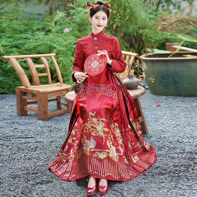 Embroidery Hanfu Retro Chinese Traditional Festive Clothes Women Horse-Face Skirt Long Sleeve Red Shirt