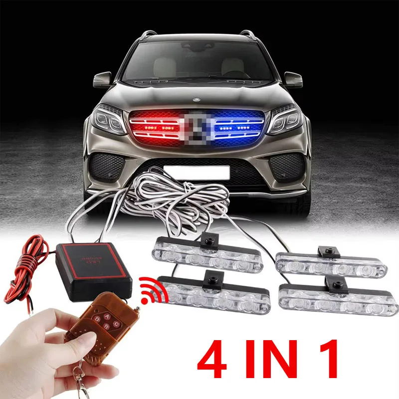 4 In 1 빨간색 파란색 비상 스트로브 조명 경찰 12V 무선 원격 제어 플래시 그릴 라이트 자동차 트럭 밴