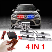 4 In 1 Red Blue Emergency Strobe Lights Police Lights 12V With Wireless Remote Control Flash Grille Light for Cars Truck Van SUV