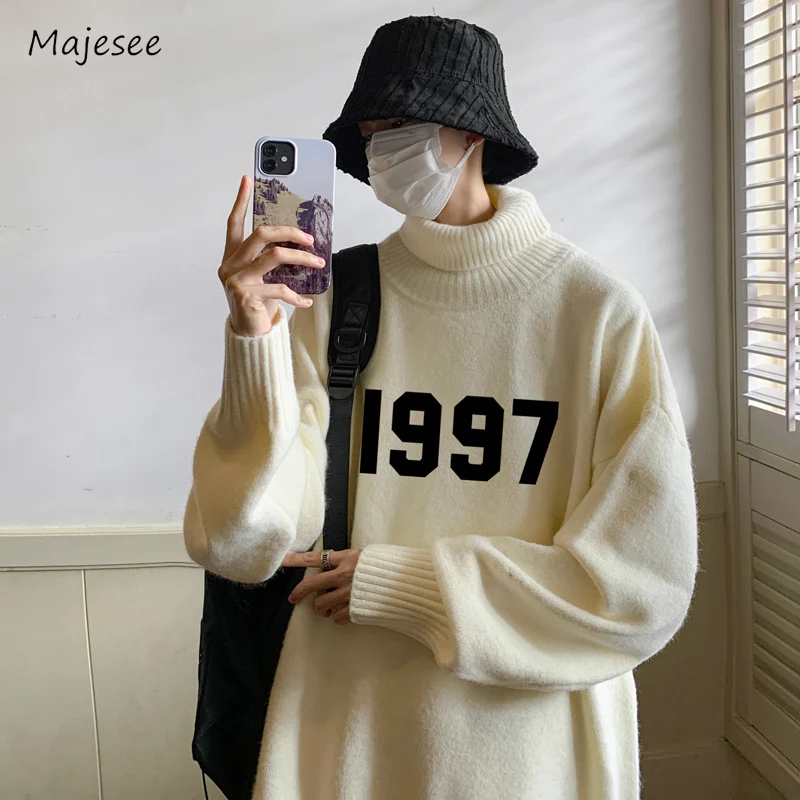 

Turtleneck Sweaters Men Fashion Simple Streetwear Autumn Winter Warm Letter Long Sleeve Teenagers Japanese Style Youthful Cozy