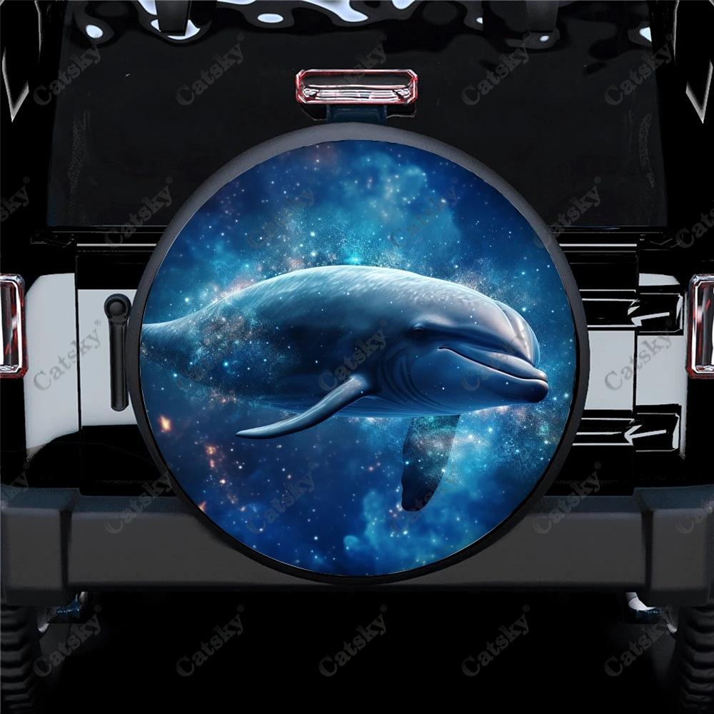 Space Swim Dolphins Polyester Universal Spare Wheel Tire Cover Custom Tire-Covers for Trailer RV SUV Truck Camper