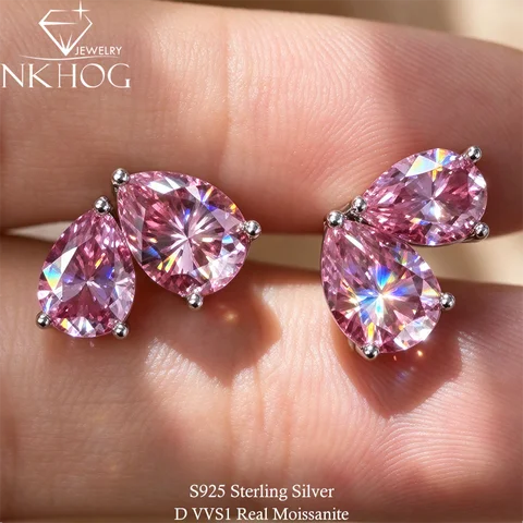 NKHOG 4.1cttw Pear Cut Moissanite Stud Earrings for Women S925 Silver 2-Stone Toi Et Moi Waterdrop Ear Studs Heart Shaped Gift