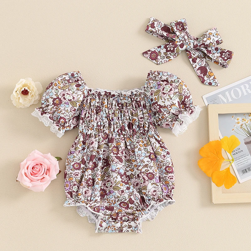 

Baby Girl Floral Print Ruffle Romper Summer Outfit Puff Short Sleeve Bodysuit Off Shoulder Jumpsuit Shorts Headbands