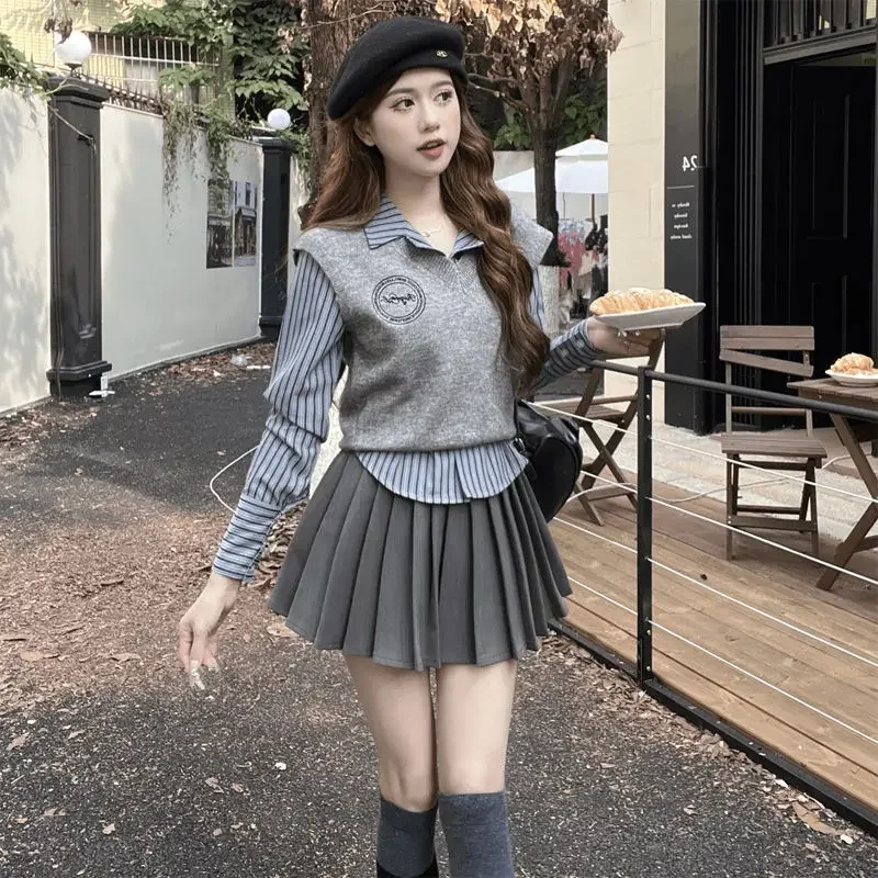 Giacca da abito uniforme scolastica Primavera Autunno Gonna a pieghe lavorata a maglia Stile college Autunno Set da tre pezzi Set uniforme da donna