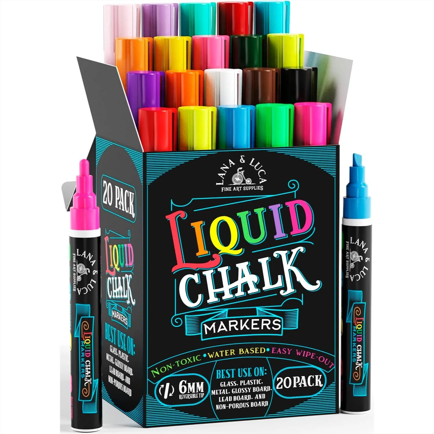

Liquid Chalk Markers for Blackboards with Bold Neon Colors, 6mm Reversible Tip, 20 Pack Dry Erase Pens for Signs, Windows, Glass
