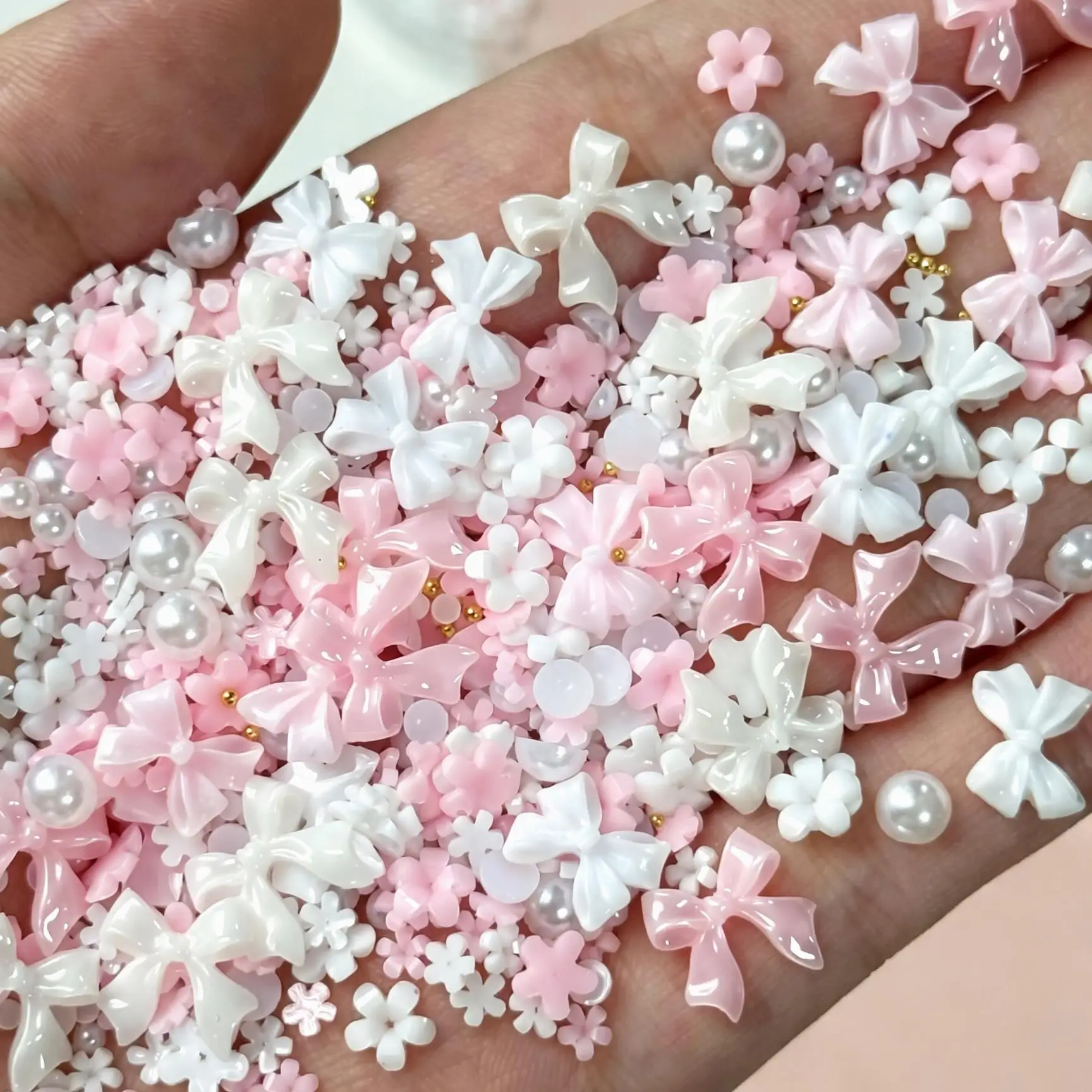 7Grids 3D White Pink Bow Flower Nail Charms Half-Round Imitation Pearl Beads Nails Decorations DIY Kawaii Manicure Accessories P