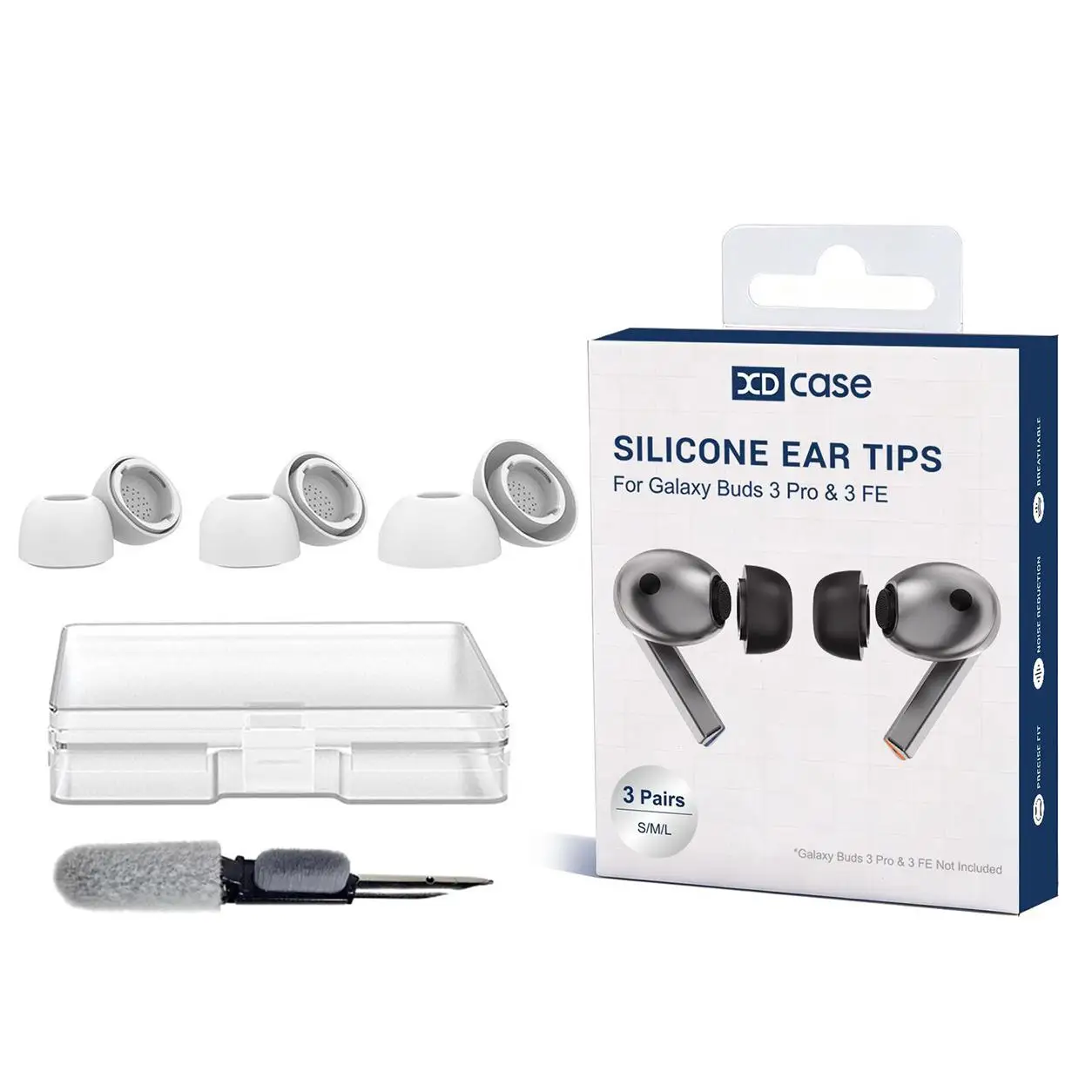 Voor Galaxy Buds3 Pro / 4 Pro / 3 FE XDcase 3 paar siliconen oordopjes, maat S/M/L, reinigingsborstel, kleur willekeurig