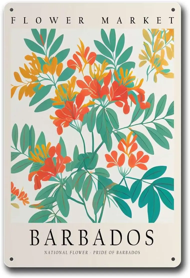 Metal Signs Barbados National Flower Barbados Flower Market Art Barbados Neutral Botanical Pastels Metal Aluminum Signs 8x1 sign