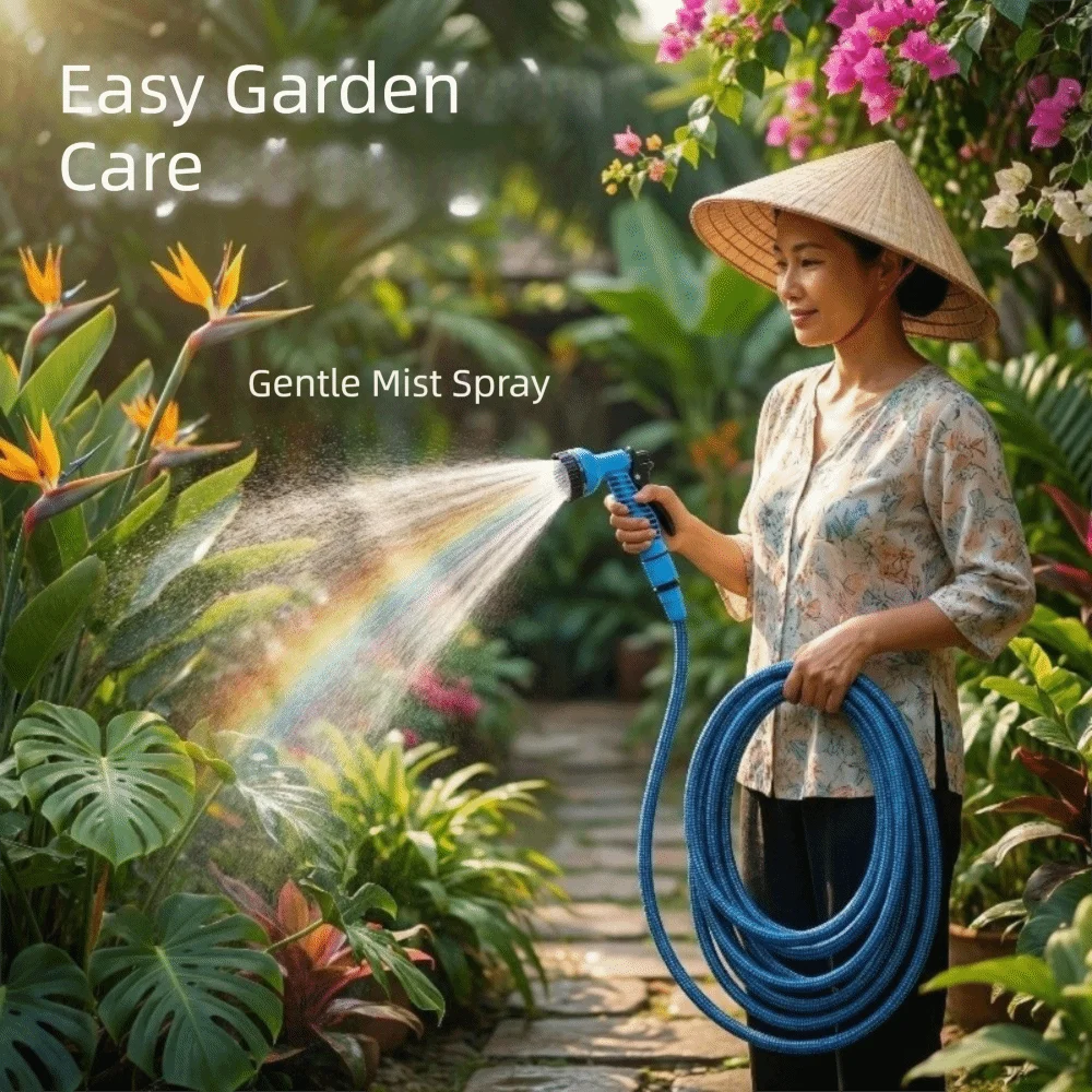 5-30M Garden Hose with Spray Nozzle 7 Functions Non-Clogging Spray Misting System Leak-Proof Flexible Spray Water Hose