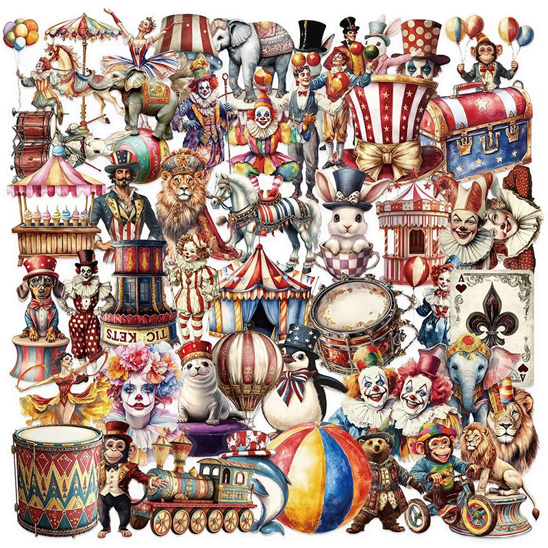 50PCS Kawaii Circus Graffiti Stickers Decoration Notebook Guitar Stationery Phone Case Art Transparent PET Decals Kids Toys Gift