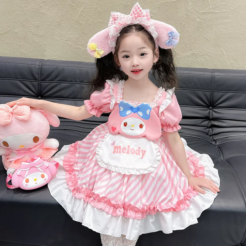 In stock Sanrio Melody Lolita Girls' Short sleeved Princess Skirt Children's 2024 Summer Cartoon Puff Skirt Little Girl Dress