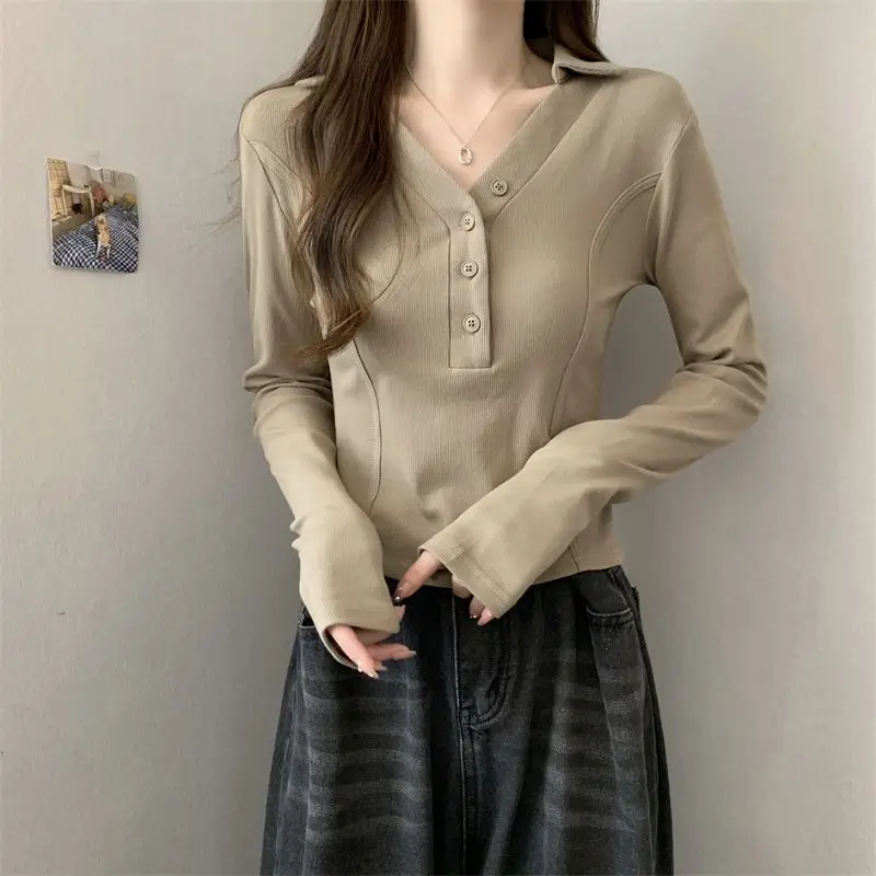 Women's V Neck Slim Fit Cropped Polo Shirt Long Sleeve Waist Cinched Y2K Top Spring Autumn Unique Tee
