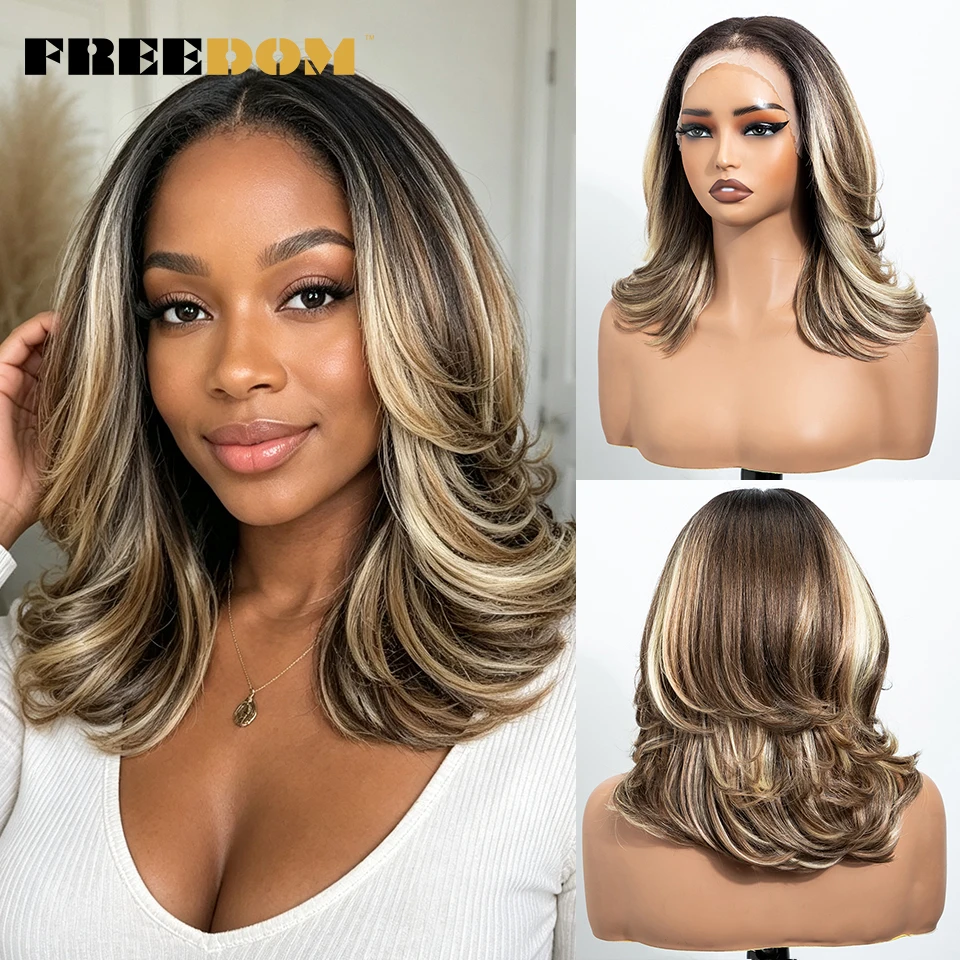 FREEDOM 14 Zoll Synthetische Bob-Perücke mit Pony, 13x4 Lace-Front-Perücke für Schwarze Frauen, Ombre Braun mit Highlights, Perücke für den täglichen Gebrauch – Detail 3