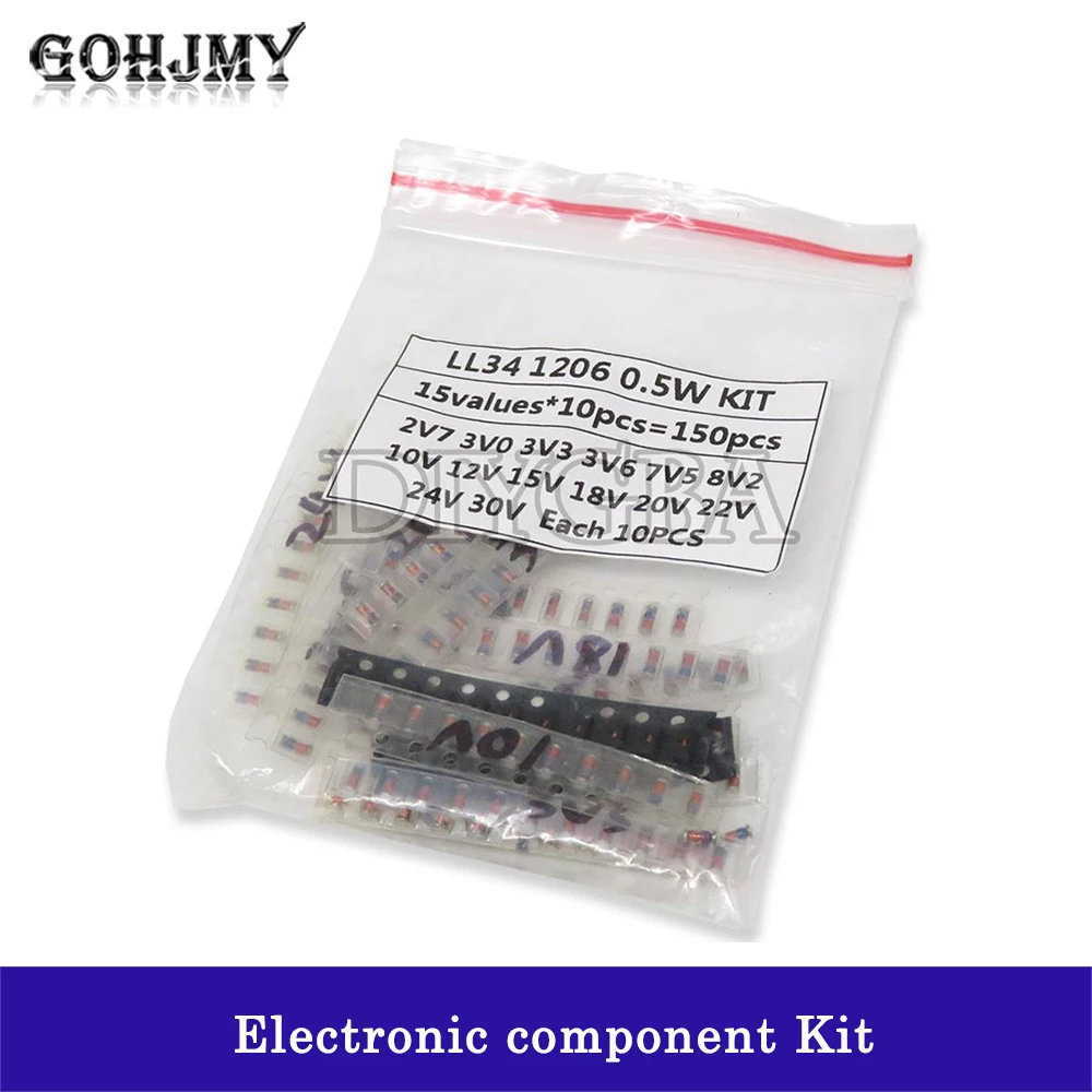 150PCS/LOT LL34 SMD Zener diode Assorted Kit 1/2W 3V-24V and LL4148  15 value X 10PCS GOHJMY