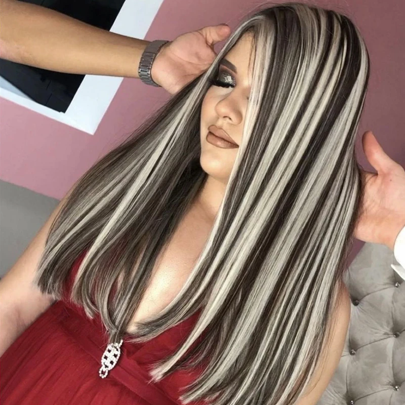 

Белый с черным прямой парик из бразильских натуральных волос для косплея, цветной, с эффектом Body Wave, прозрачный, 13x4, с кружевной передней частью, для женщин