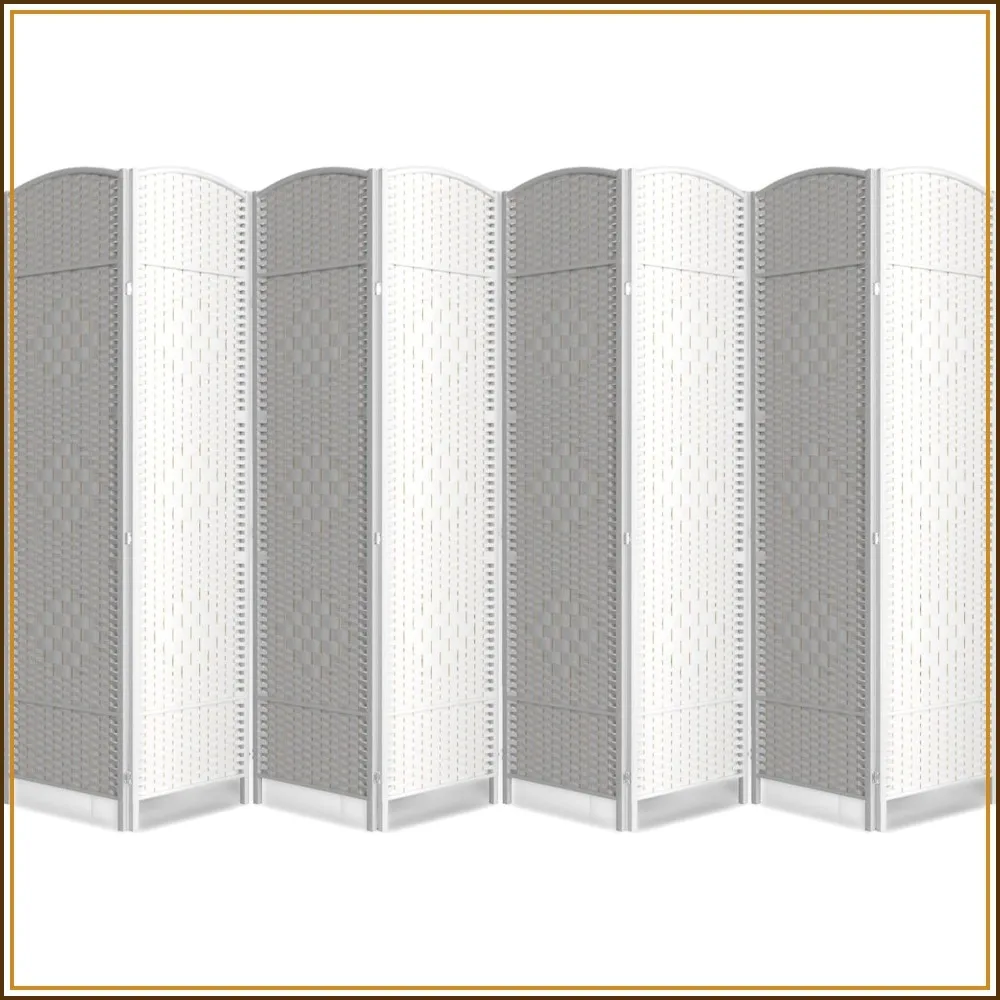 8 Panel Folding Room Divider, Woven Privacy Screen, White