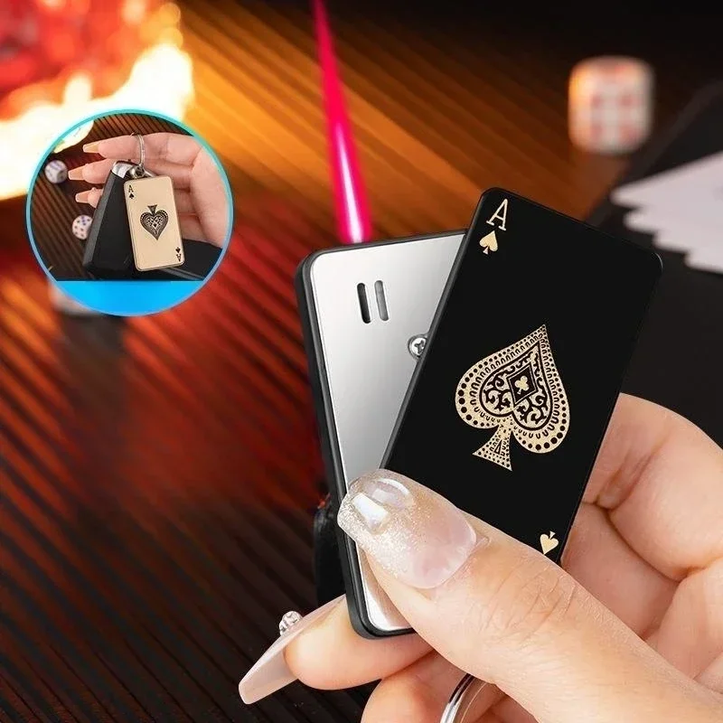 

Metal Red Flame Playing Card Unusual Torch Turbine Butane Gas Lighter Creative Windproof Outdoor Lighter Personalized Men's Gift