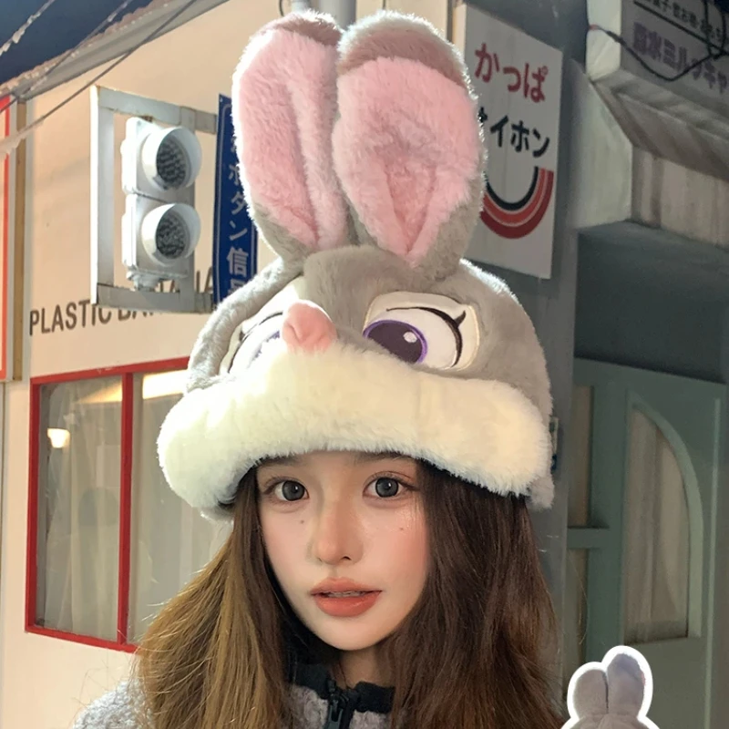 

Disney Rabbit Judith Nick Hat Cute Girl Crazy Zootopia Ear Protector Plush Doll Hat Winter Face Show Small Christmas Gift child