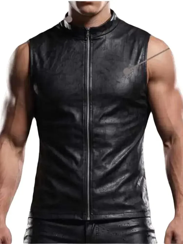 Plus Size Men Faux PU Leather Sleeveless Shirts Tights Tanktop Elastic Tank Top Vest Zipper Waistcoat Motorcycle Overshirt