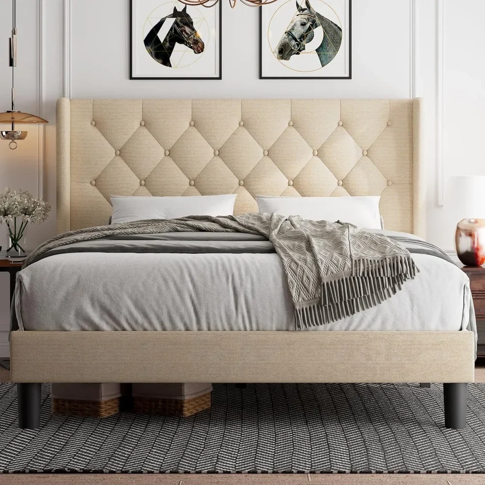 

Queen Bed Frame with Diamond Button Tufted Headboard, 8" Under-Bed Space, Sturdy Wooden Slats, Upholstered Platform Bed Frame